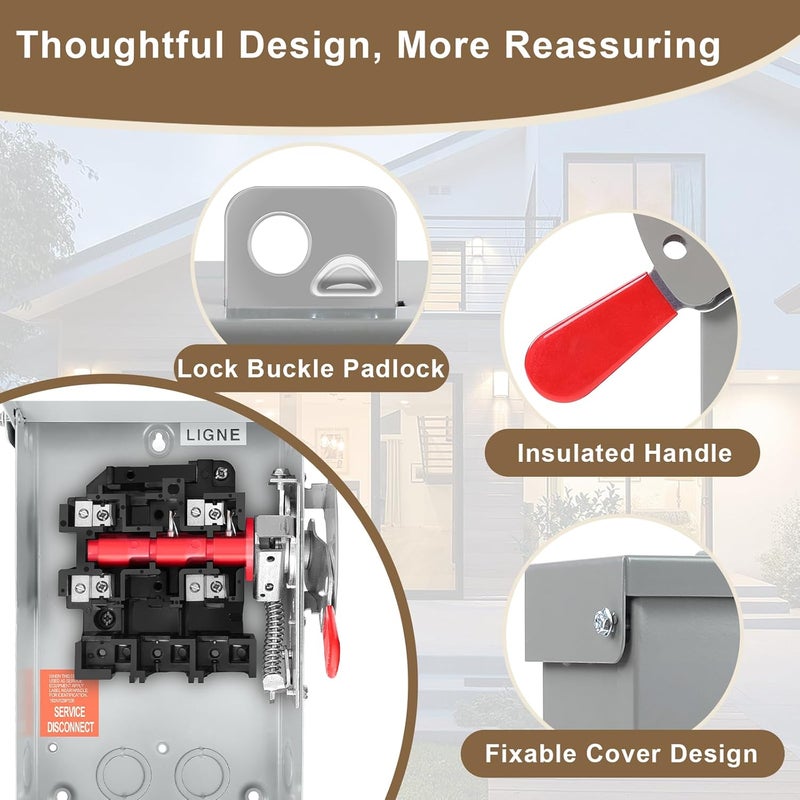 FixOasis 【Upgrade】 2p 30 Amp Disconnect,Disconnect Switch,Add Ground Design,Non-Fusible,NEMA 3R Standard,Heavy Duty Steel Material,Rust and Corrosion Resistant,for Indoor and Outdoor,120/240v,10-Year Warrnaty - Image 5